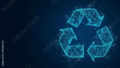 Environmental sustainability and global recycling concept with futuristic digital network symbol and polygonal arrows on blue.
