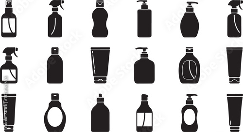 A variety of different spray bottle shapes and designs in a black and white illustration. isolated on transparent background, Vector