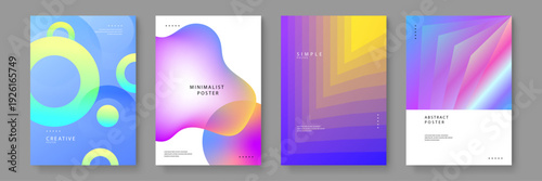 A set of four creative abstract posters utilizing geometric circles liquid blobs and layered lines in a colorful vibrant style