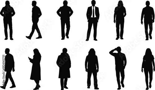 Collection of black silhouettes featuring men and women standing and walking in various casual and professional poses isolated for vector.