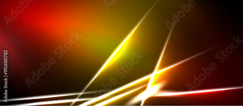 Abstract background features vibrant lines, gradients. Red, orange, yellow hues dominate dark space. Dynamic energy radiates from central point.