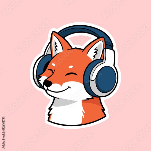 Cute cartoon fox wearing headphones listening to music with happy expression, vector illustration of animal enjoying audio on pink background