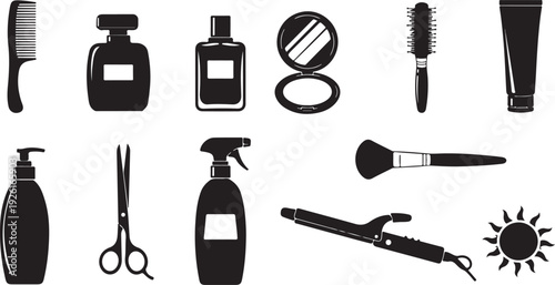 Assorted beauty and personal care items in a minimalist black and white design isolated on transparent background, Vector