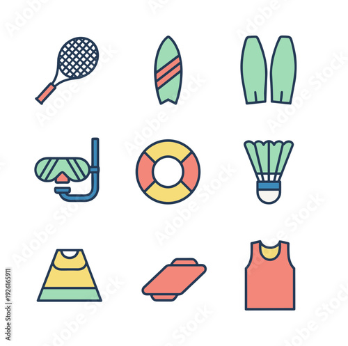 Collection of colorful summer sports and beach activity icons including tennis racket surfboard flippers snorkel lifebuoy shuttlecock cone float and tank top line art style