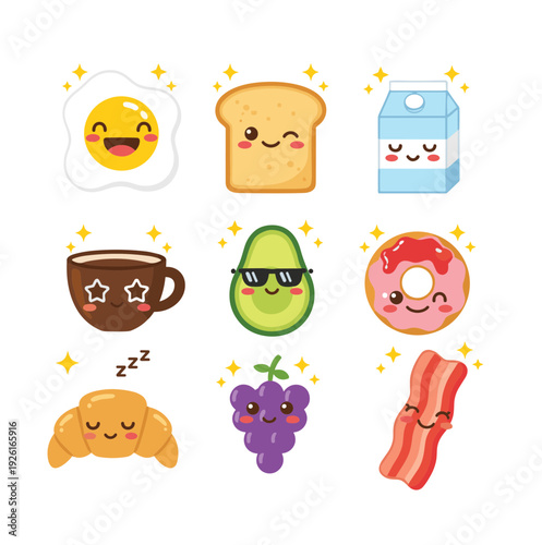 Cute kawaii breakfast food items including fried egg toast milk coffee avocado donut croissant grapes and bacon with happy faces and sparkles vector illustration set