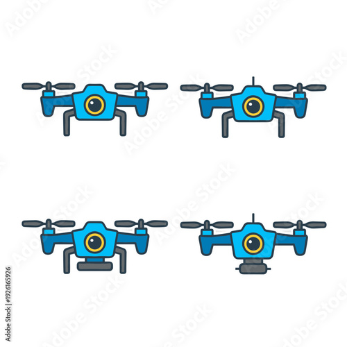 Set of blue camera drones with different configurations showing front view with lens and propellers vector illustration for aerial photography and technology concepts isolated