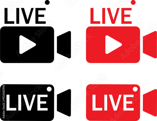 Live video streaming icons in modern black and red
