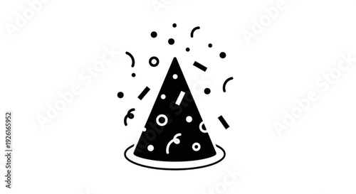 A black party hat with confetti popping out, viewed from the front, celebrating a festive occasion, in a simple graphic illustration style.