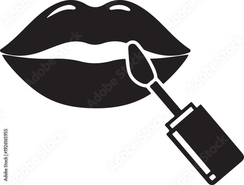 A black and white illustration of a pair of lips with a lipstick applicator isolated on transparent background, Vector