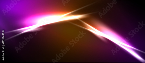 Abstract energy lines, vibrant purple, orange hues. Bright light radiates, creating dynamic visual effect. Dark background emphasizes luminosity.
