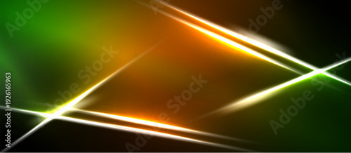 Abstract design features bright lines, gradients. Green, orange hues dominate dark background. Dynamic composition creates visual energy.
