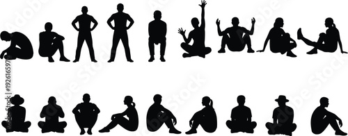 Large set of black silhouettes featuring men and women in various sitting poses, resting positions, and casual figures for vector.