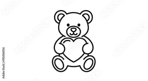 A cute teddy bear holding a heart, illustration, simple line art, isolated on a plain background, front view