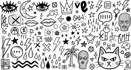 Hand drawn crayon food illustration. Sketch style lunch or dinner icons. Vector of wine, italian pizza Illustrations for invitations, pizzeria or cafe menus and parties. La dolce vita italian style