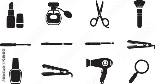 A variety of beauty and grooming tools arranged in a grid pattern. isolated on transparent background, Vector