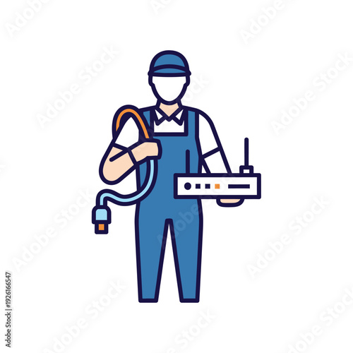 Network Installation and Repair Technician Icon with Modem and Cable for Internet Service
