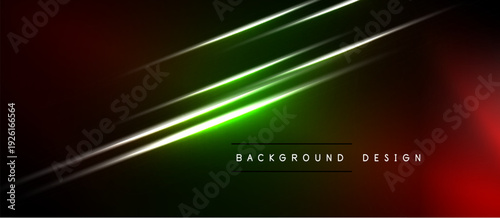 Dark background features vibrant neon lines. Green dominates center, fading into red. Modern design evokes energy, motion.