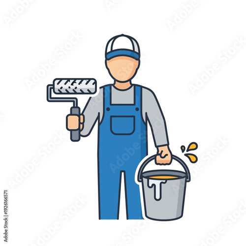 Flat Design Professional Painter Icon with Paint Roller and Bucket. Home Renovation, Decoration, and Maintenance Service Vector.