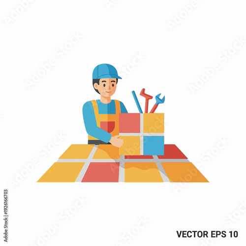 Handyman or Tiler Laying Colorful Floor Tiles with Toolbox and Tools - Home Renovation & Repair Service Vector Illustration
