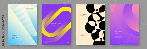 A curated set of four minimalist posters featuring bold geometric shapes, circular patterns, and soft pastel gradients for modern graphic design