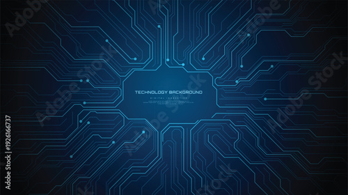 Circuit board background. Technology connected blue lines with electronics elements on technology background.