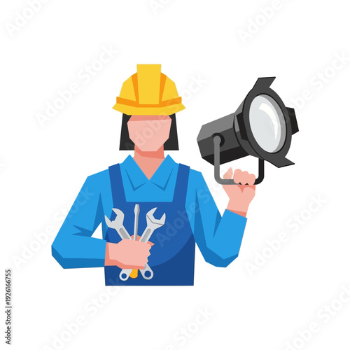 Female Technician or Stage Crew Member with Hard Hat, Holding Spotlight and Mechanic Tools