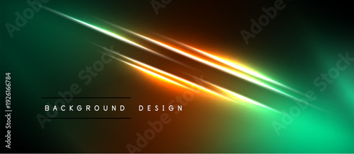 Abstract background features vibrant neon lines, gradients. Dark tones dominate with bright orange, green highlights. Modern design element.