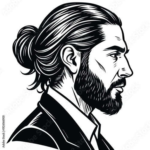A black and white illustration of a man with a beard and long hair