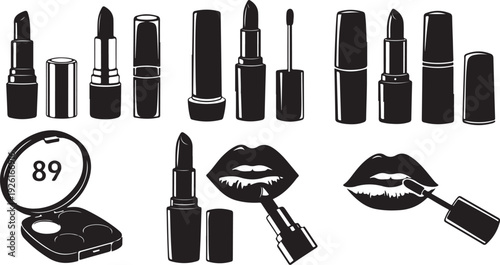 Assorted makeup items including lipsticks, lip glosses, and eyeshadow palettes isolated on transparent background, Vector