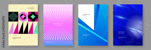 A diverse set of four posters including bauhaus geometric art sunburst lines and glowing blue digital light effects