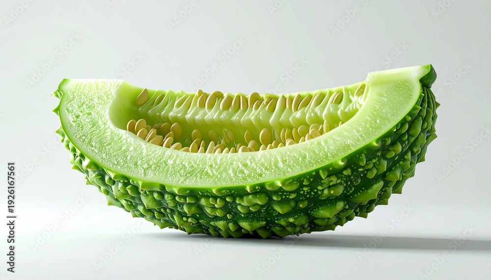 Fototapeta premium Close-up of a sliced bitter melon showing seeds and texture.