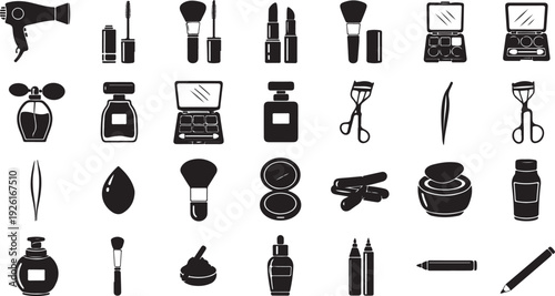 A comprehensive collection of beauty and makeup tools and accessories isolated on transparent background, Vector