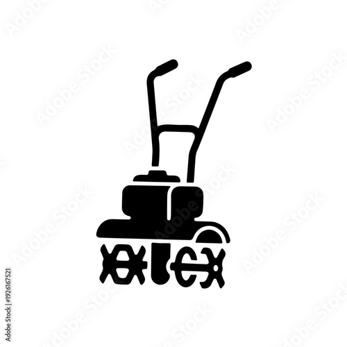Minimalist black and white icon of a portable hand-held garden tiller for small scale soil cultivation