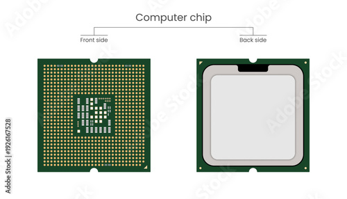 Computer processor chip vector illustration showing front side and back side on a flat background. CPU architecture design for computing technology and engineering. CPU layout.