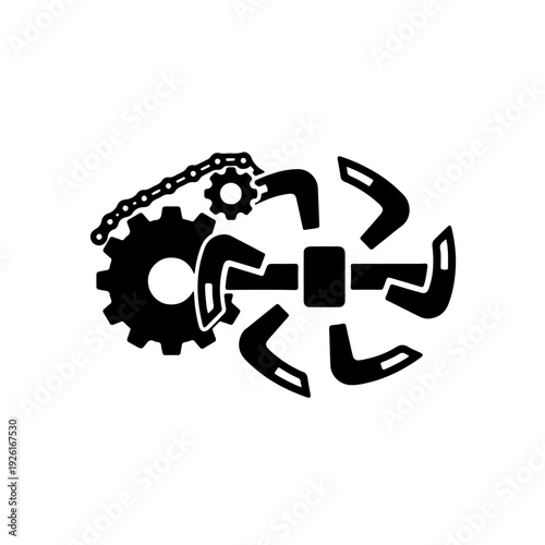 Mechanical agricultural icon combining industrial gears and rotavator tilling blades in a minimalist black and white style