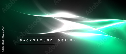 Abstract flowing lines, vibrant green hues, dark background. Modern design elements create dynamic visual effect. Text reads background design.