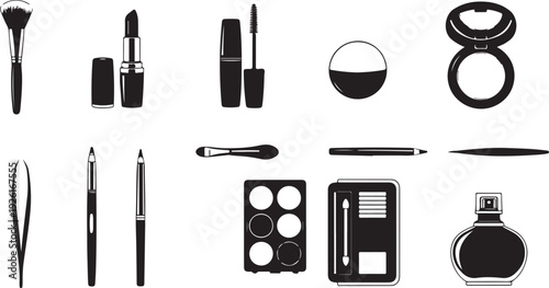 Assorted makeup tools and accessories displayed in a row isolated on transparent background, Vector