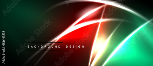 Abstract neon lines create dynamic, colorful background. Red, green gradients blend with black space. Modern design element.