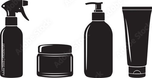 Assorted black bottles and containers for beauty and personal care products isolated on transparent background, Vector