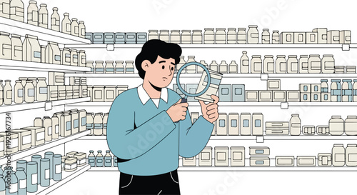 A man examines products with a magnifying glass in a store aisle filled with shelves of various goods.