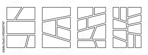 Professional comic strip grid collection. Multiple white frames on transparent background. Set of storyboard designs for graphic novel and cartoon artists.