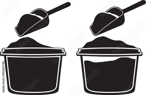 Two identical containers filled with black powder and labeled with the number 84. isolated on transparent background, Vector