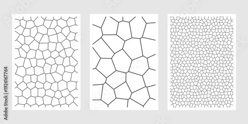 Minimalist mosaic grid designs featuring varying cell sizes. Abstract mathematical diagram set for architectural textures. modern poster template, card layout.