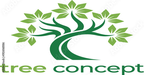 Green Tree Logo Concept Vector Illustration with Abstract Leaves and Flowing Trunk Eco Nature Design