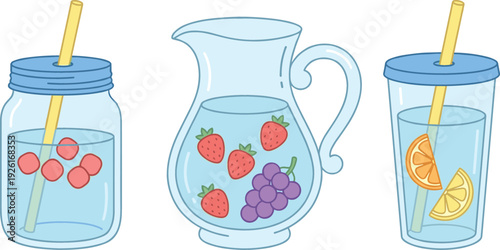 Infused Water Drinks Vector Illustration Featuring Mason Jar, Glass Pitcher with Berries and Tumbler with Citrus Slices