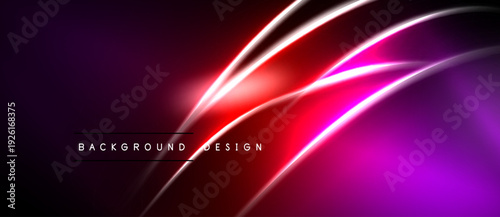 Abstract background features vibrant neon curves. Pink, red hues blend into dark space. Modern design element.