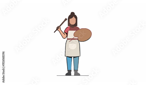 Young Female Artist Holding Paint Palette and Brush Flat Vector Illustration on White