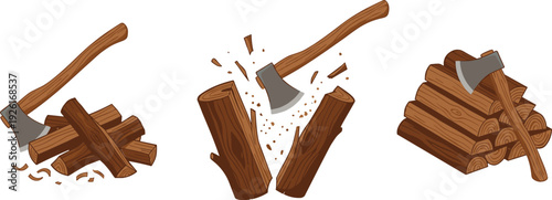 Firewood Chopping Process Vector Illustration Set Featuring Axe Cutting Logs and Stacked Wooden Timber Pile