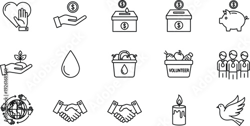 Charity and donation icon set. Includes helping hands, volunteering, fundraising, and generosity symbols. Created in line style with black and white palette