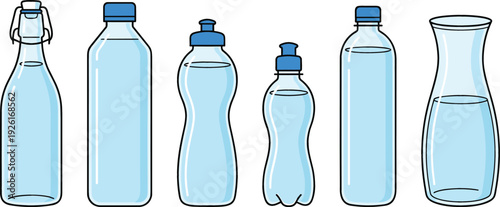 Set of Water Bottles and Glass Carafe Vector Illustration Featuring Plastic and Glass Drink Containers Isolated on White Background